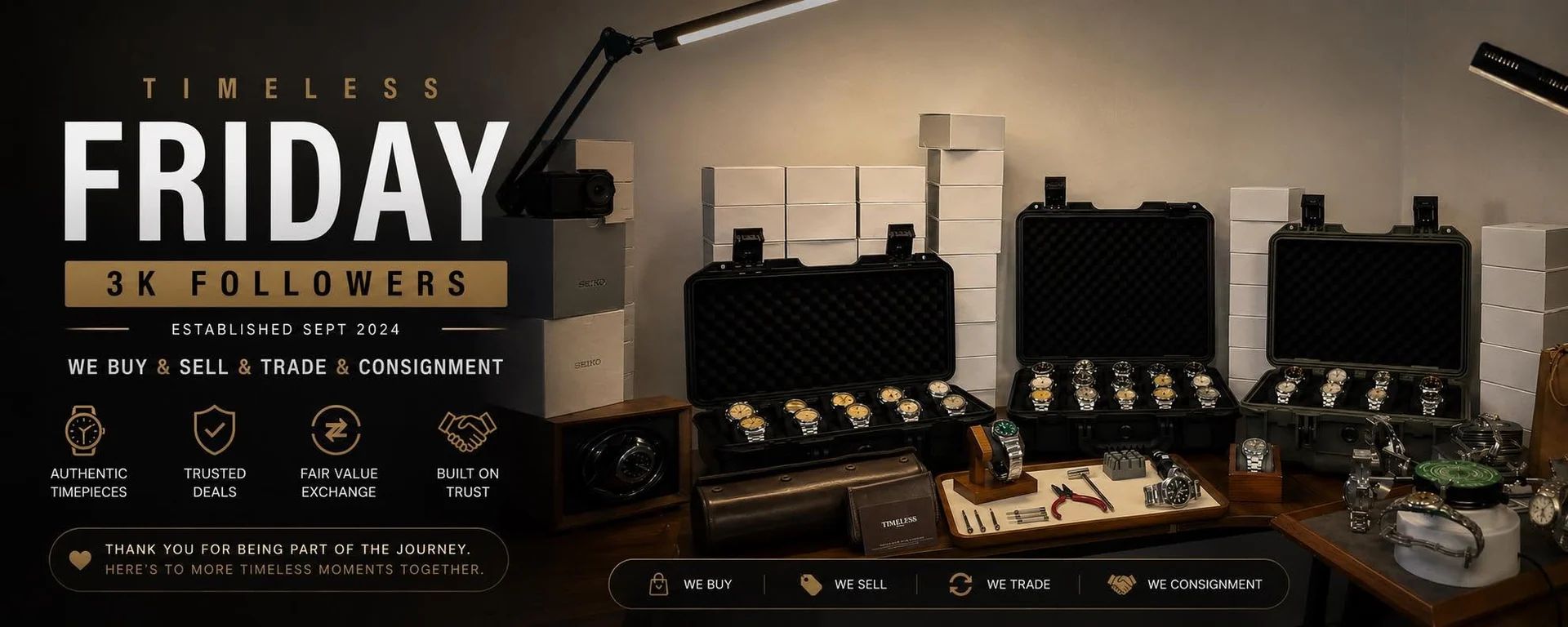 Timeless Friday workshop with watches, cases, tools, and presentation boxes